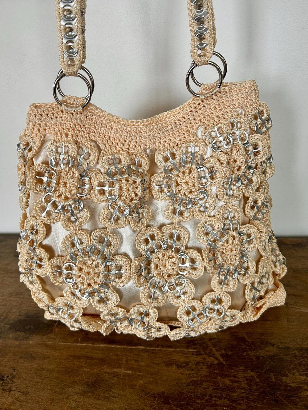 Vintage Light Peach Crocheted Pull Tab Purse | Shoulder Bag | Bottle Cap Handbag